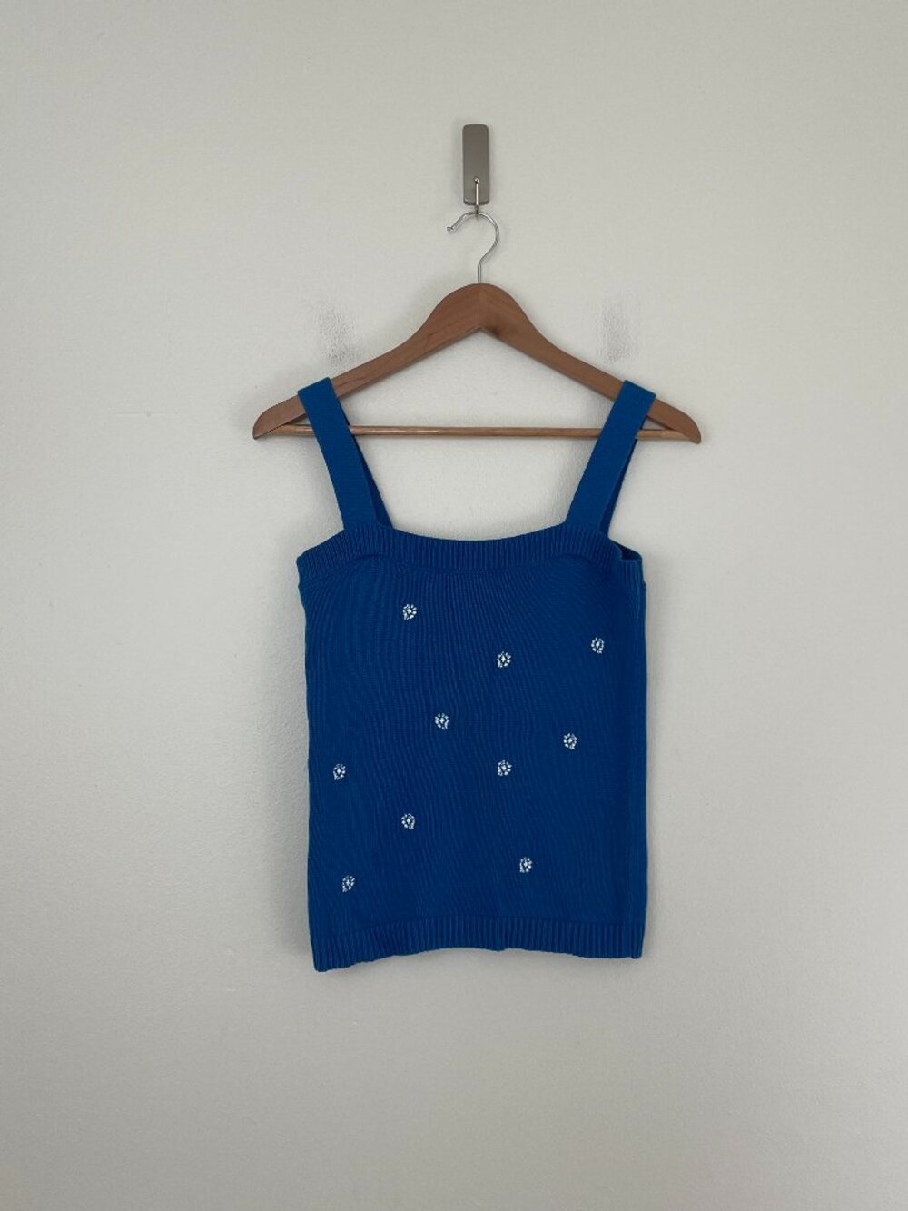 Ann Taylor Loft Blue Floral Embroidered Cotton Knit Sweater Tank Size XS